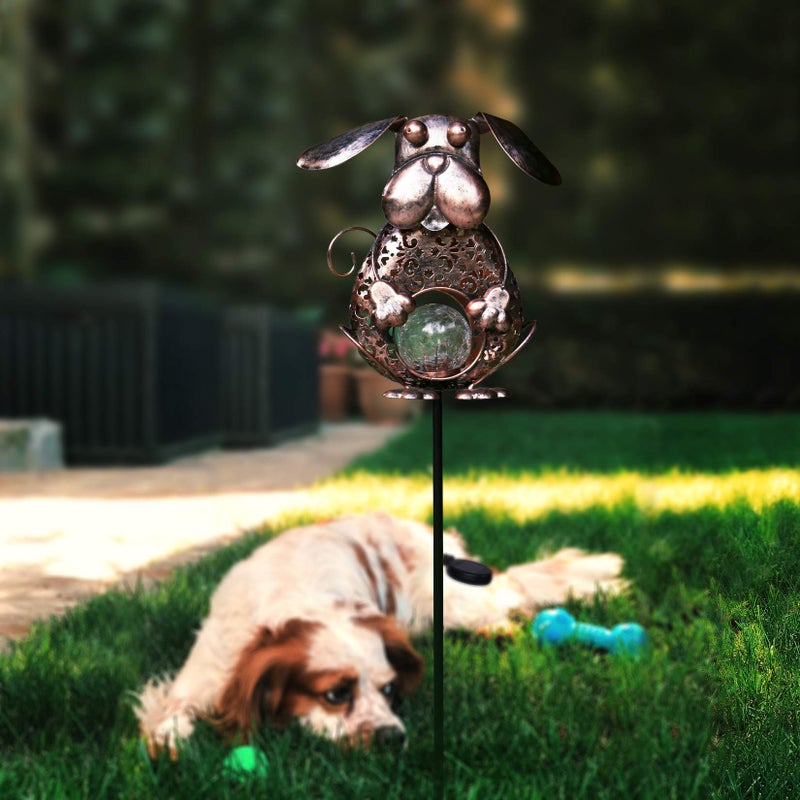 KAIXOXIN Garden Solar Lights Metal Dog Crackle Glass Globe Stake Light,Waterproof Warm White LED Solar Path Lights (Dog-Bronze) - Image 2